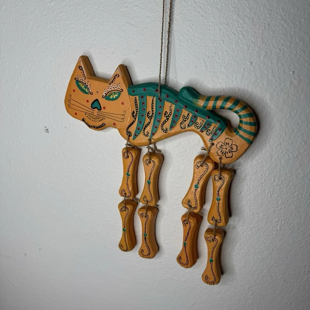 Cat Skeleton Wooden Hand Painted Orange & Turquoise Wind Chime Day Of‎ The Dead